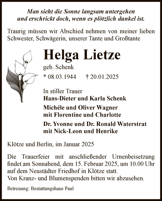 Todesanzeige von Helga Lietze von UEL