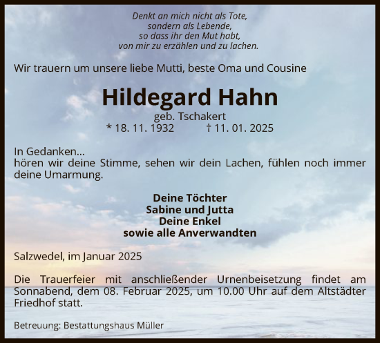 Todesanzeige von Hildegard Hahn von UEL