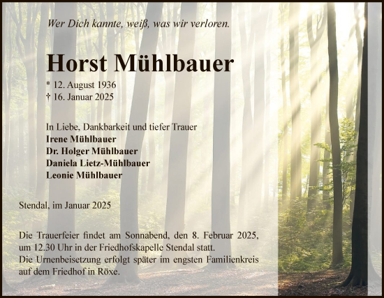 Todesanzeige von Horst Mühlbauer von UEL