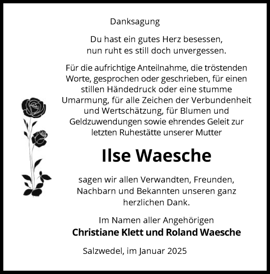 Todesanzeige von Ilse Waesche von UEL