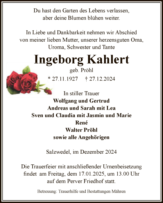 Todesanzeige von Ingeborg Kahlert von UEL