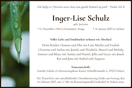 Todesanzeige von Inger-Lise Schulz von UEL