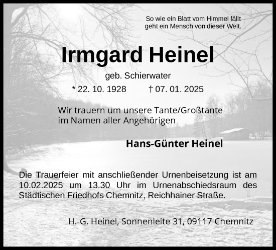 Todesanzeige von Irmgard Heinel von UEL