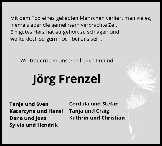 Todesanzeige von Jörg Frenzel von UEL