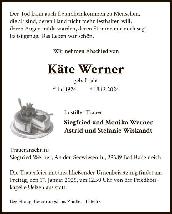 Todesanzeige von Käte Werner von UEL