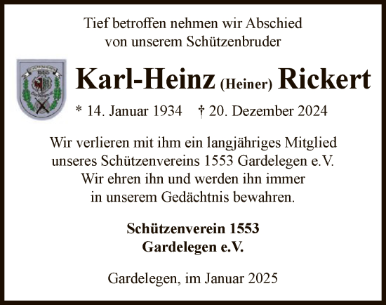 Todesanzeige von Karl-Heinz Rickert von UEL