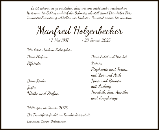 Todesanzeige von Manfred Holzenbecher von UEL