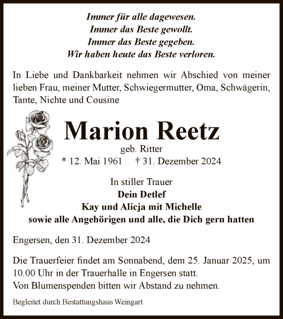 Todesanzeige von Marion Reetz von UEL