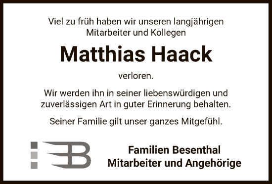 Todesanzeige von Matthias Haack von UEL