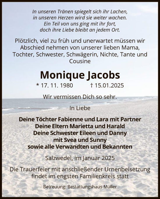 Todesanzeige von Monique Jacobs von UEL