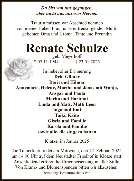 Todesanzeige von Renate Schulze von UEL