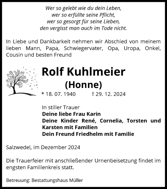 Todesanzeige von Rolf Kuhlmeier von UEL