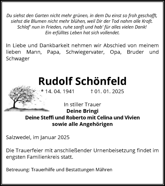 Todesanzeige von Rudolf Schönfeld von UEL