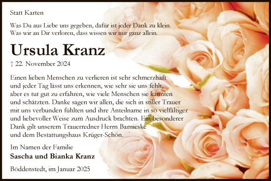 Todesanzeige von Ursula Kranz von UEL