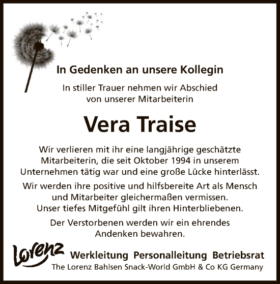 Todesanzeige von Vera Traise von UEL