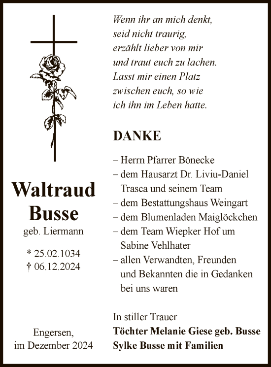 Todesanzeige von Waltraud Busse von UEL