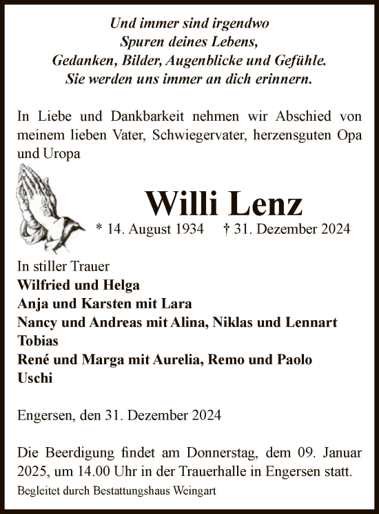Todesanzeige von Willi Lenz von UEL