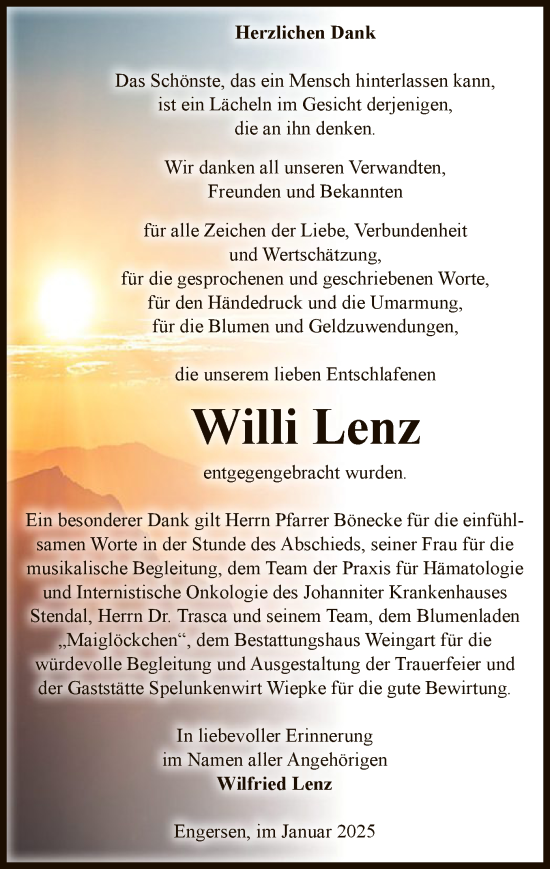 Todesanzeige von Willi Lenz von UEL