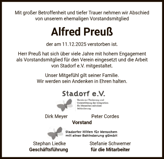 Todesanzeige von Alfred Preuß von AZ