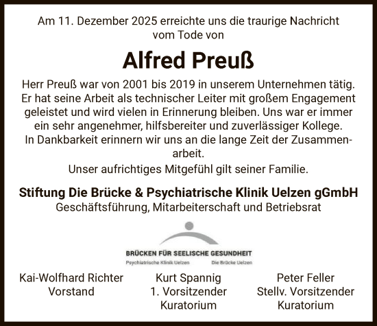 Todesanzeige von Alfred Preuß von AZ