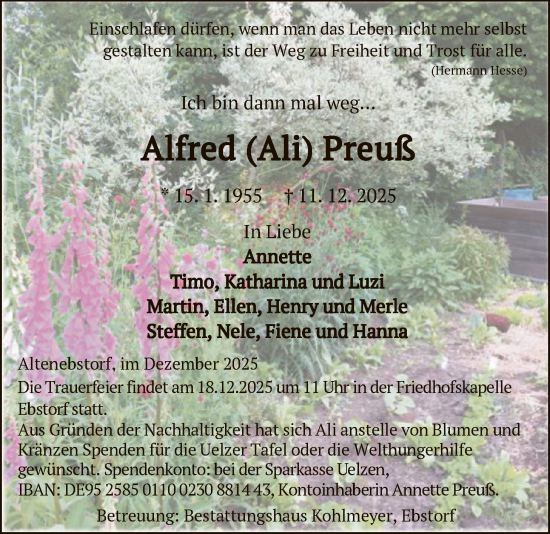 Todesanzeige von Alfred Preuß von AZ