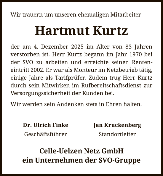 Todesanzeige von Hartmut Kurtz von AZ