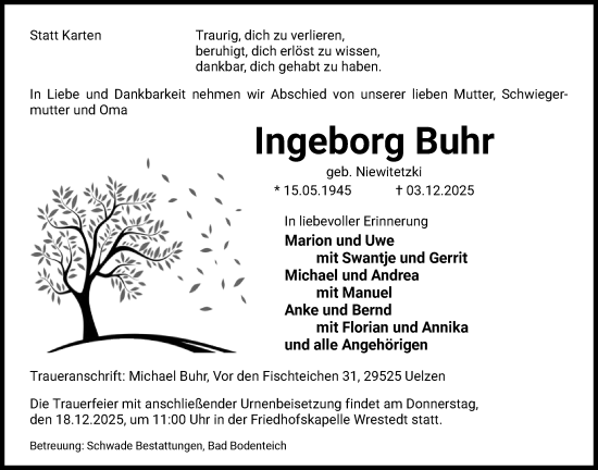 Todesanzeige von Ingeborg Buhr von AZ