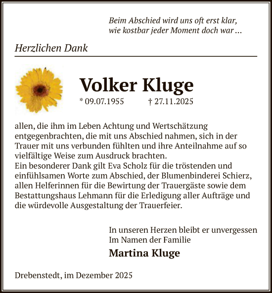 Todesanzeige von Volker Kluge von AMZ
