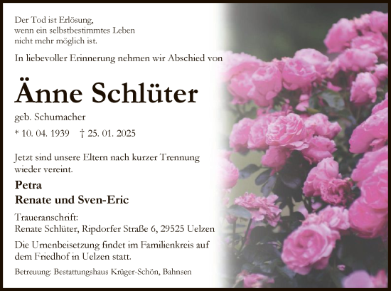 Todesanzeige von Änne Schlüter von UEL