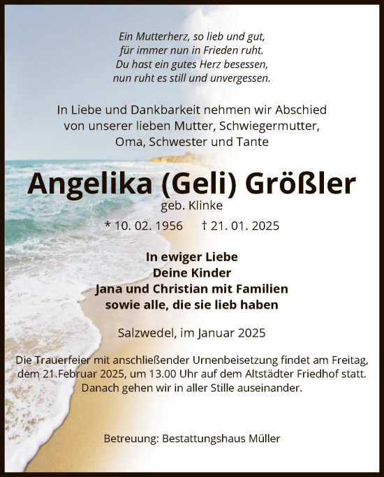 Todesanzeige von Angelika Größler von UEL