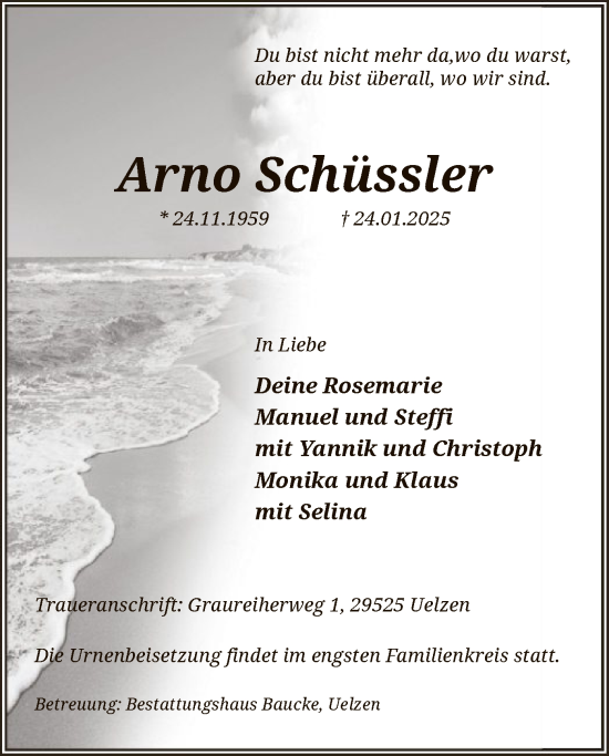 Todesanzeige von Arno Schüssler von UEL