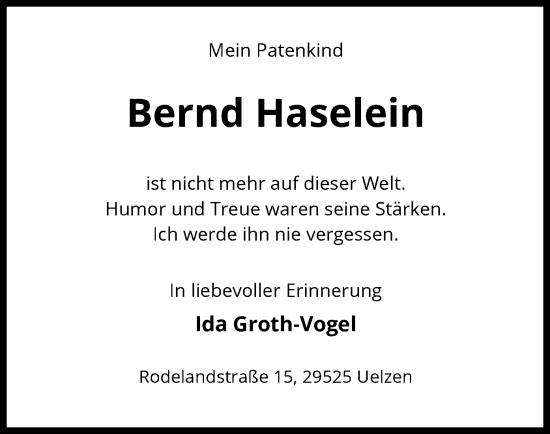 Todesanzeige von Bernd Haselein von UEL