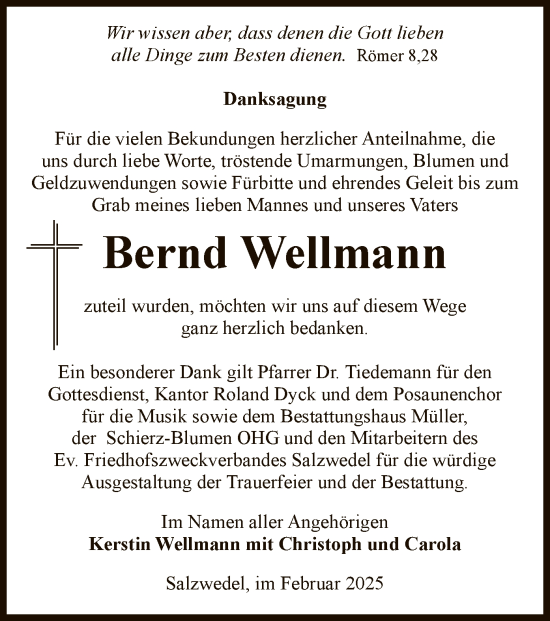 Todesanzeige von Bernd Wellmann von UEL