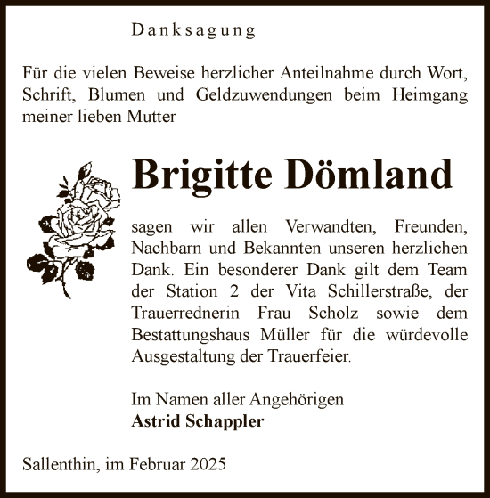 Todesanzeige von Brigitte Dömland von UEL