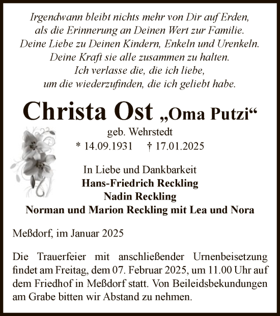 Todesanzeige von Christa Ost von UEL