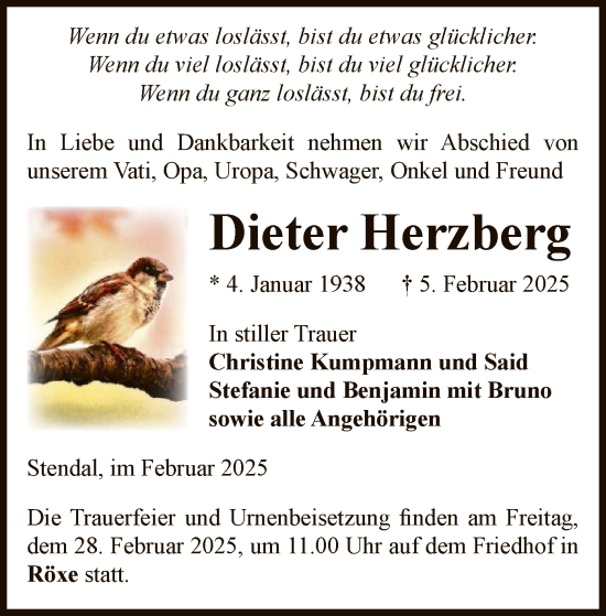 Todesanzeige von Dieter Herzberg von UEL