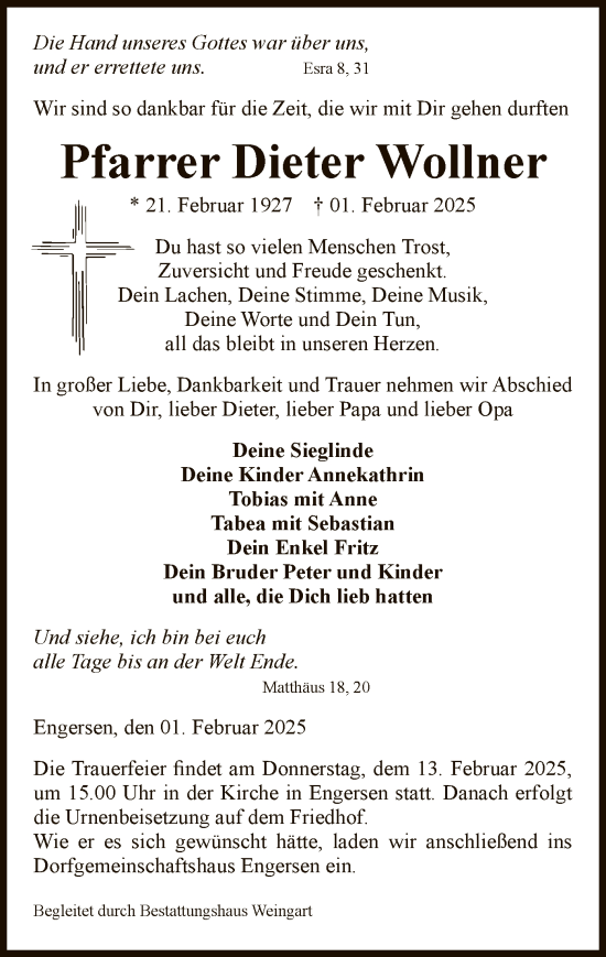 Todesanzeige von Dieter Wollner von UEL