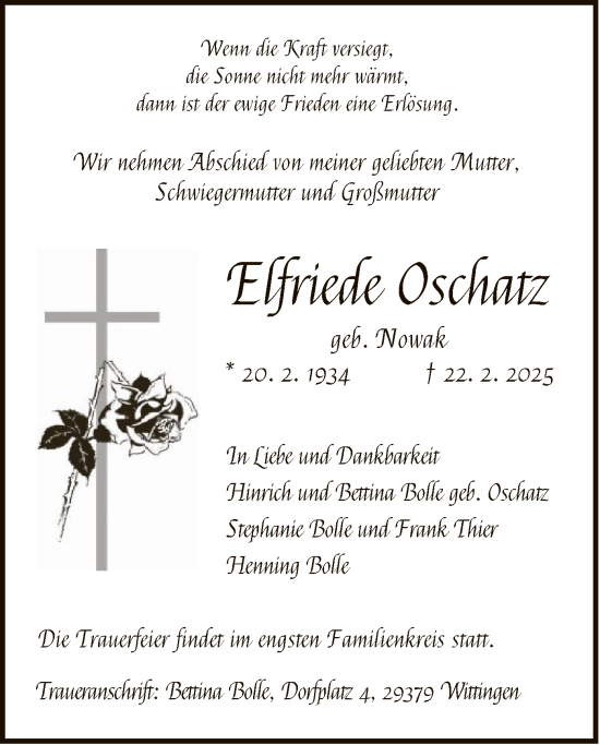 Todesanzeige von Elfriede Oschatz von UEL