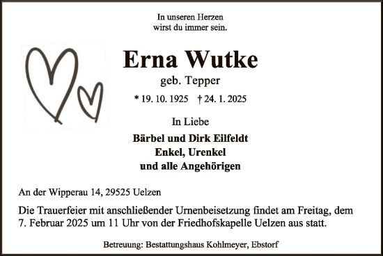 Todesanzeige von Erna Wutke von UEL
