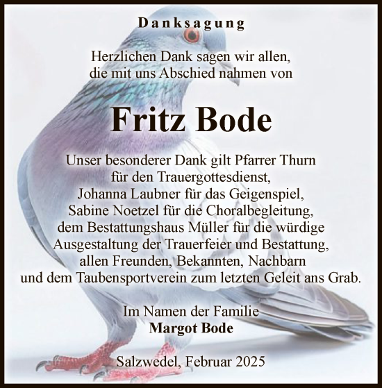 Todesanzeige von Fritz Bode von UEL