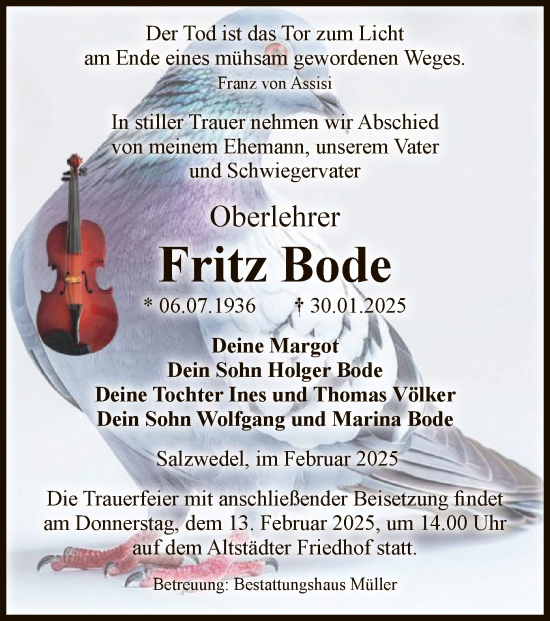 Todesanzeige von Fritz Bode von UEL