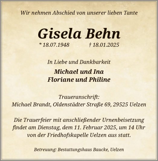 Todesanzeige von Gisela Behn von UEL