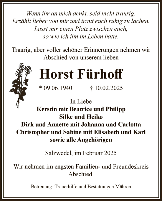 Todesanzeige von Horst Fürhoff von UEL