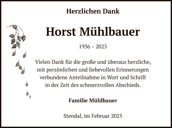 Todesanzeige von Horst Mühlbauer von UEL