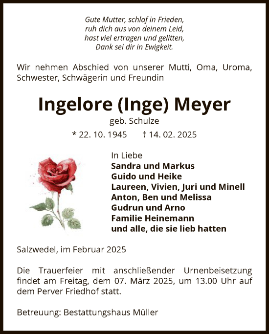 Todesanzeige von Ingelore Meyer von UEL