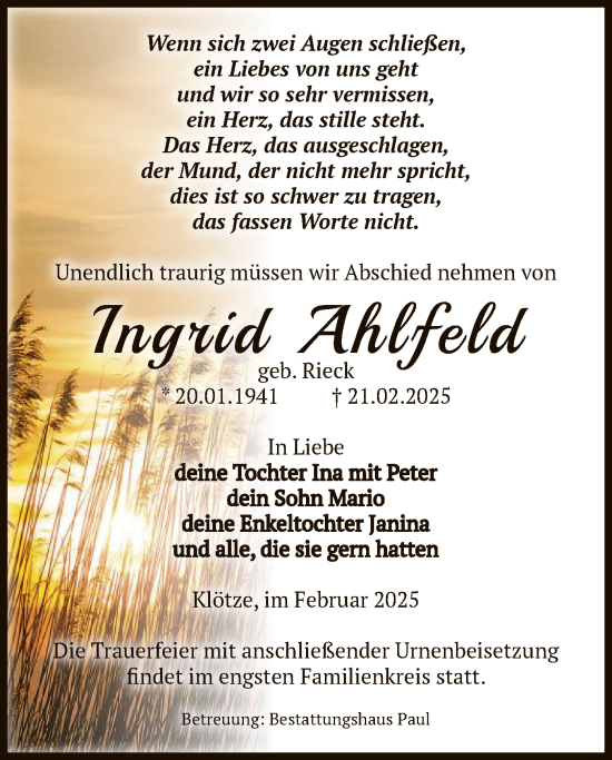 Todesanzeige von Ingrid Ahlfeld von UEL