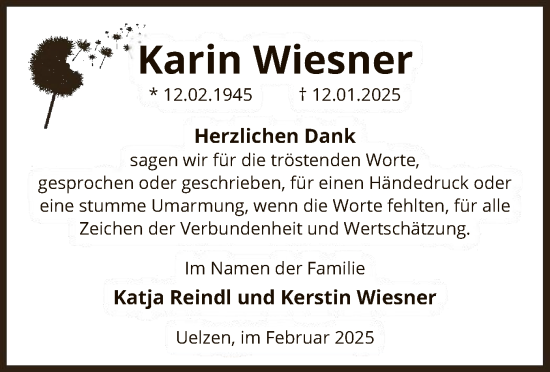 Todesanzeige von Karin Wiesner von UEL
