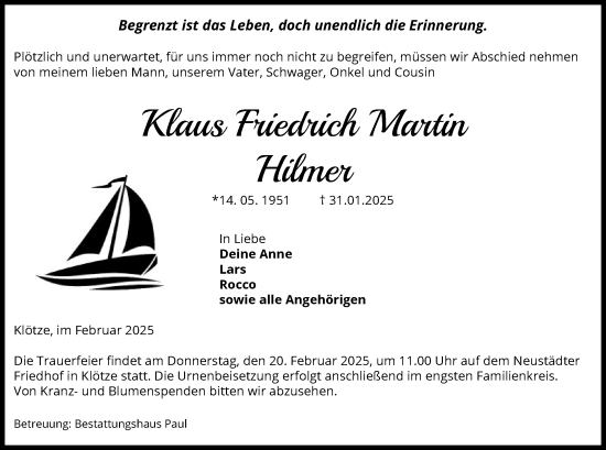 Todesanzeige von Klaus Friedrich Martin Hilmer von UEL