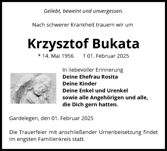 Todesanzeige von Krzysztof Bukata von UEL