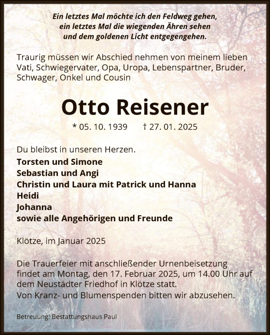 Todesanzeige von Otto Reisener von UEL
